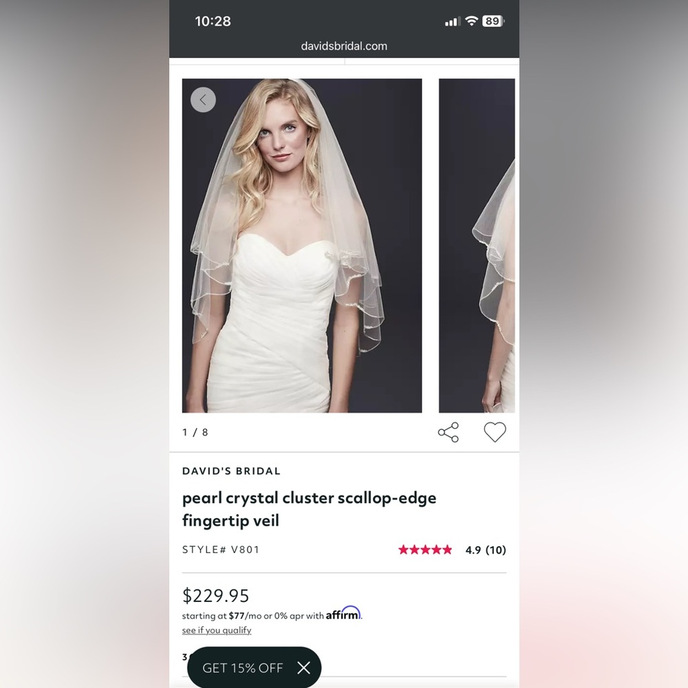 David’s Bridal Pearl Crystal Cluster Scalloped Edge Finger Tip Veil NWOT